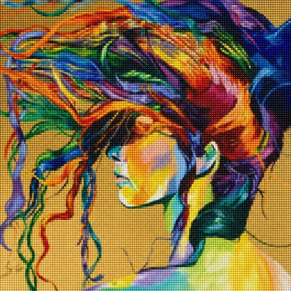 Diamond Painting Popart Porträt einer Frau mit bunten Farbspritzern und neonfarbenem Haar. Mockup.