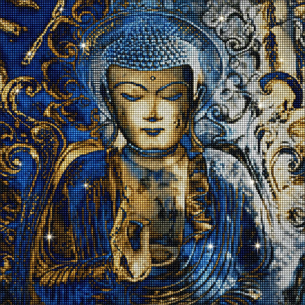 Diamond Painting Spirituelles Motiv eines goldenen Buddhas in Gebetshaltung mit Lichtschein. Mockup.