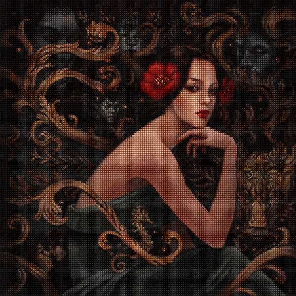 Diamond Painting mit geheimnisvoller Frau, roten Blüten, goldenen Ranken und dunklem Fantasy-Hintergrund. Mockup.