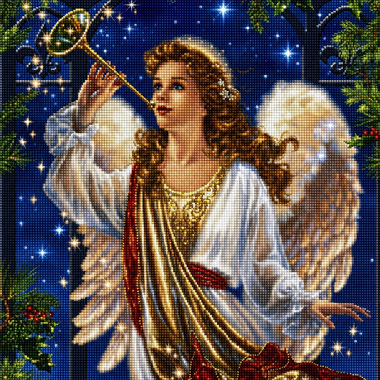 Diamond Painting Fantasy Motiv eines Engels mit Flügeln, der eine goldene Posaune spielt. Mockup.