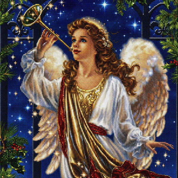 Diamond Painting Fantasy Motiv eines Engels mit Flügeln, der eine goldene Posaune spielt. Mockup.