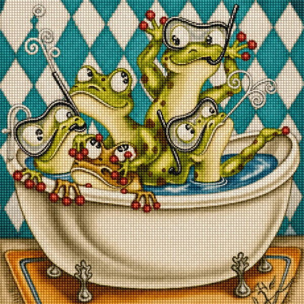 Diamond Painting mit fünf Fröschen in einer Badewanne mit Taucherbrillen und Schnorcheln. Mockup.