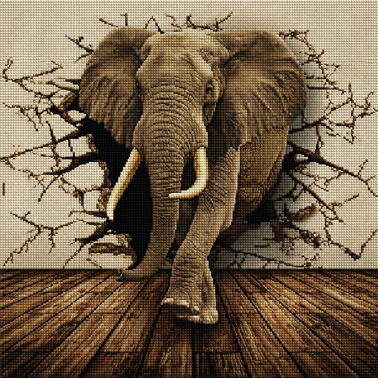 Diamond Painting mit Elefant, der durch eine rissige Steinwand tritt, im realistischen 3D-Look. Mockup.