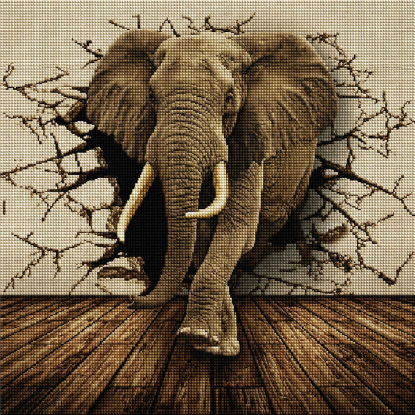 Diamond Painting mit Elefant, der durch eine rissige Steinwand tritt, im realistischen 3D-Look. Mockup.