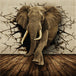 Diamond Painting mit Elefant, der durch eine rissige Steinwand tritt, im realistischen 3D-Look. Mockup.