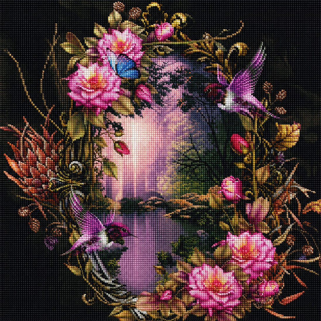 Diamond Painting mit Waldsee, Rosenkranz, Kolibris und Schmetterlingen im romantischen Fantasy-Stil. Mockup.