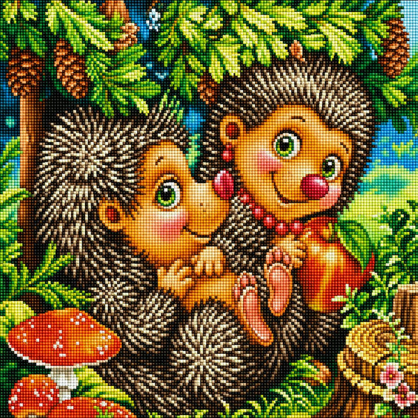 Diamond Painting mit zwei niedlichen Igeln, Apfel, Fliegenpilzen und Tannenzweigen im Wald. Mockup.
