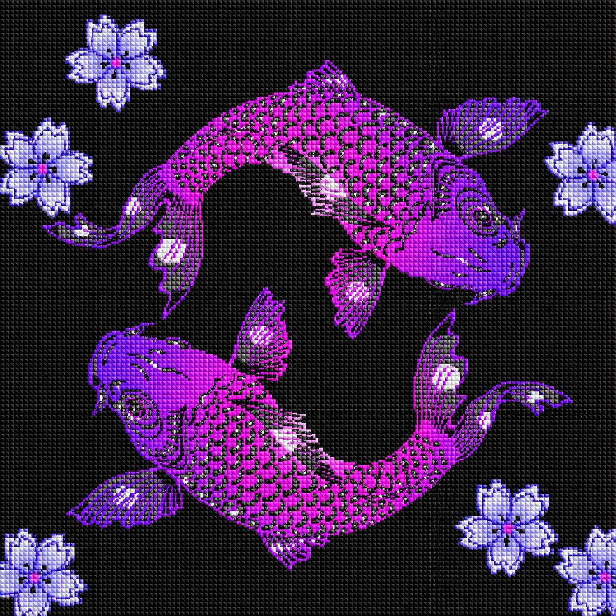 Diamond Painting mit zwei lila Koi-Fischen und Kirschblüten auf schwarzem Hintergrund. Mockup.