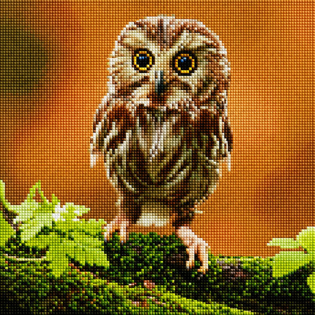 Diamond Painting mit kleiner Waldohreule auf einem moosbewachsenen Ast vor warmem Naturhintergrund. Mockup.