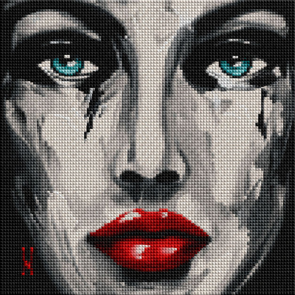 Diamond Painting mit modernem Frauenporträt, roten Lippen und türkisfarbenen Augen im expressionistischen Stil. Mockup.