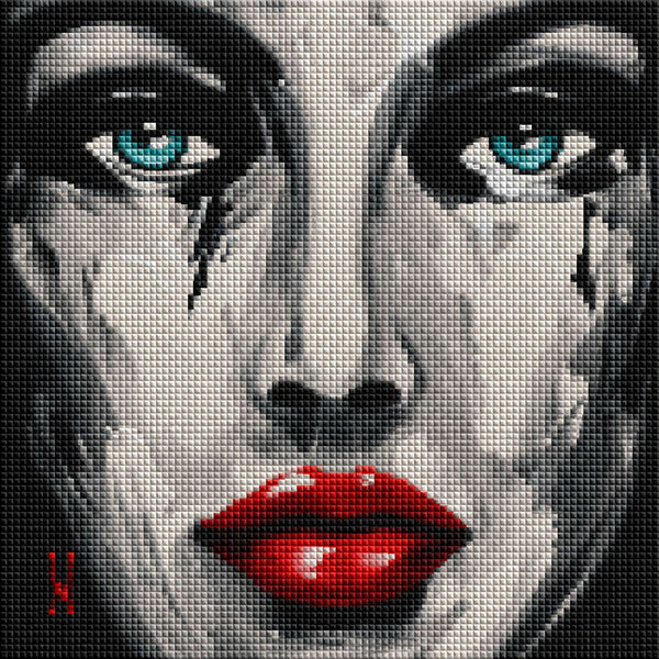 Diamond Painting mit modernem Frauenporträt, roten Lippen und türkisfarbenen Augen im expressionistischen Stil. Mockup.