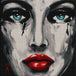 Diamond Painting mit modernem Frauenporträt, roten Lippen und türkisfarbenen Augen im expressionistischen Stil. Mockup.
