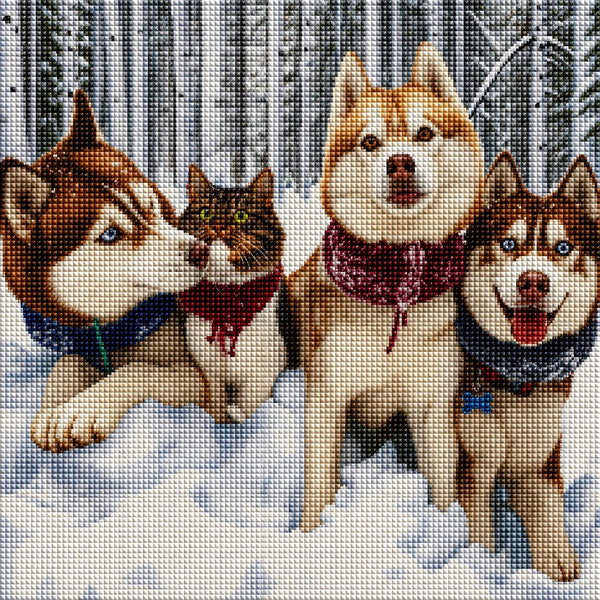 Diamond Painting eines Huskyrudel in einer verschneiter Winterlandschaft im Wald. Mockup.