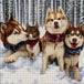 Diamond Painting eines Huskyrudel in einer verschneiter Winterlandschaft im Wald. Mockup.