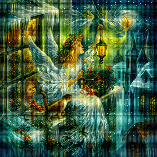 Diamond Painting mit Winterengel, Laterne, Elfen und verschneiter Stadt bei Nacht. Mockup.