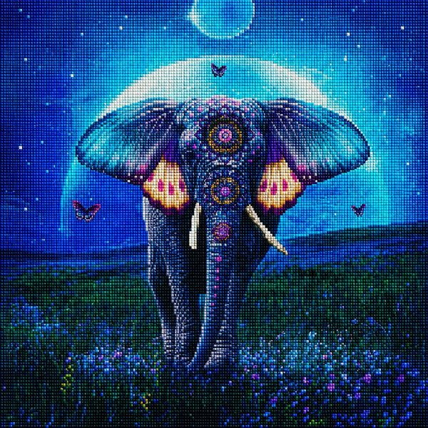 Diamond Painting eines Elefanten, dessen Ohren aus bunten Schmetterlingsflügeln bestehen. Mockup.