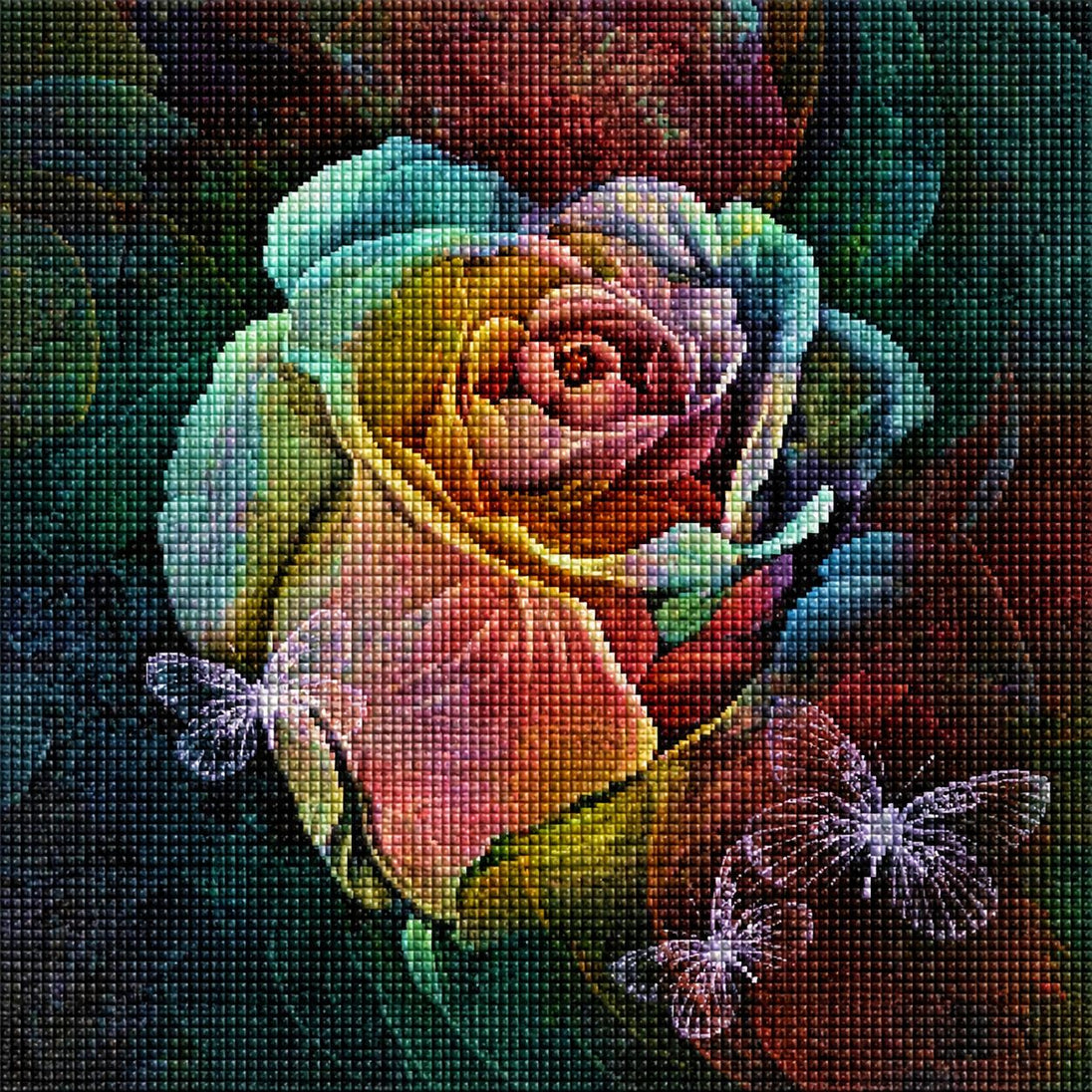 Diamond Painting mit weißer Rose und filigranen Schmetterlingen auf dunklem Hintergrund. Mockup.