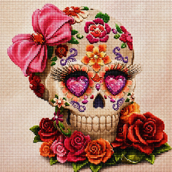 Diamond Painting mit floralem Sugar Skull, Herzaugen, rosa Schleife und roten Rosen. Mockup.