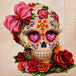 Diamond Painting mit floralem Sugar Skull, Herzaugen, rosa Schleife und roten Rosen. Mockup.
