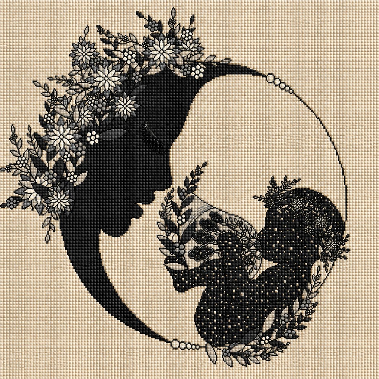 Diamond Painting mit Mutter- und Kind-Silhouette im floralen Kreisdesign in Schwarz und Beige. Mockup.