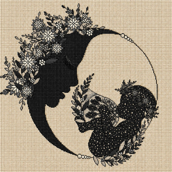 Diamond Painting mit Mutter- und Kind-Silhouette im floralen Kreisdesign in Schwarz und Beige. Mockup.