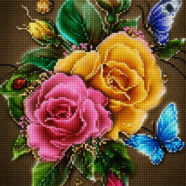 Diamond Painting mit gelber und rosa Rose, blauen Schmetterlingen und grünem Blattwerk. Mockup.