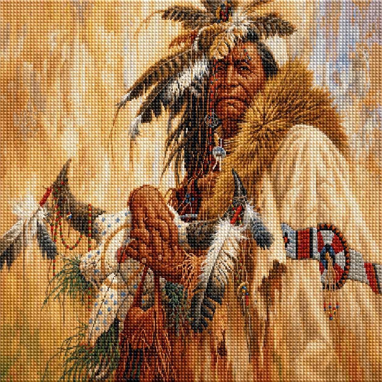 Diamond Painting mit Indianerhäuptling, Federkopfschmuck und traditioneller Kleidung im realistischen Stil. Mockup.