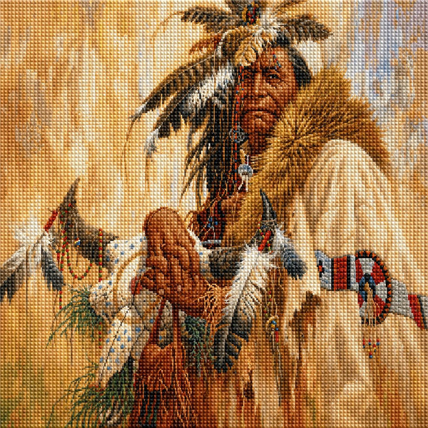 Diamond Painting mit Indianerhäuptling, Federkopfschmuck und traditioneller Kleidung im realistischen Stil. Mockup.