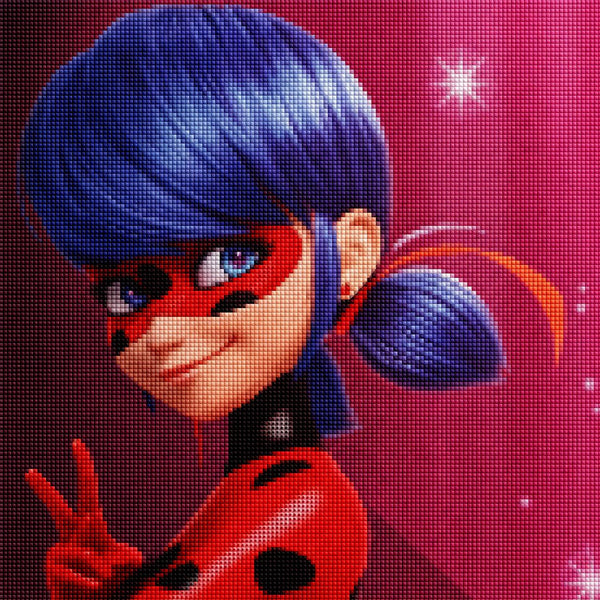 Diamond Painting mit Comic-Superheldin, roter Maske und blauen Haaren im Cartoon-Stil. Mockup.