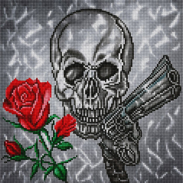 Diamond Painting mit Totenkopf, roter Rose und metallischem Hintergrund im realistischen Stil. Mockup.