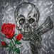 Diamond Painting mit Totenkopf, roter Rose und metallischem Hintergrund im realistischen Stil. Mockup.
