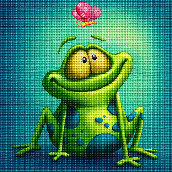 Diamond Painting mit grünem Comic-Frosch und rosa Schmetterling im modernen Cartoon-Stil. Mockup.