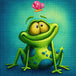 Diamond Painting mit grünem Comic-Frosch und rosa Schmetterling im modernen Cartoon-Stil. Mockup.