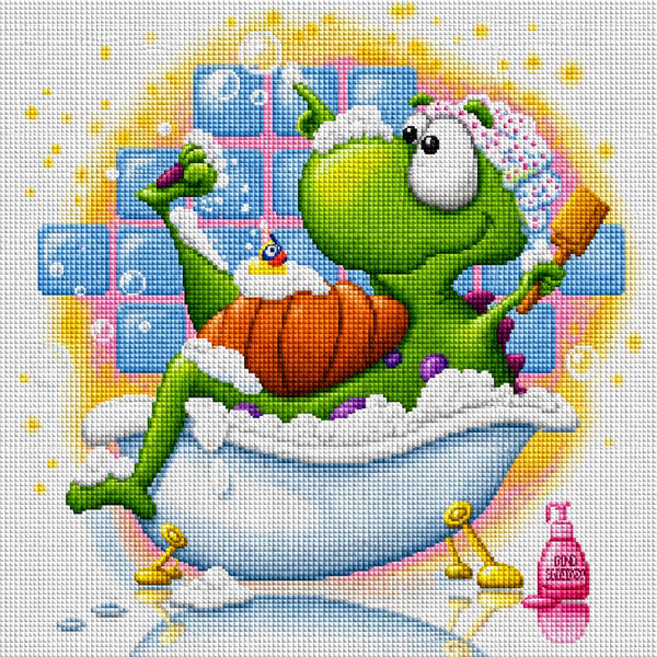 Diamond Painting mit grünem Dino im Schaumbad, Badewanne, Seifenblasen und Badeente.