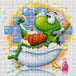 Diamond Painting mit grünem Dino im Schaumbad, Badewanne, Seifenblasen und Badeente.