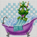 Diamond Painting eines kleinen grünen Drachen, der vergnügt in einer weißen Badewanne mit Schaum spielt. Mockup.