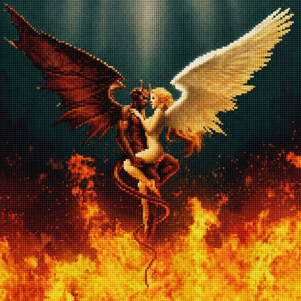 Diamond Painting Darstellung eines Engels und eines Teufels, die sich in einer harmonischen Pose gegenüberstehen. Mockup.