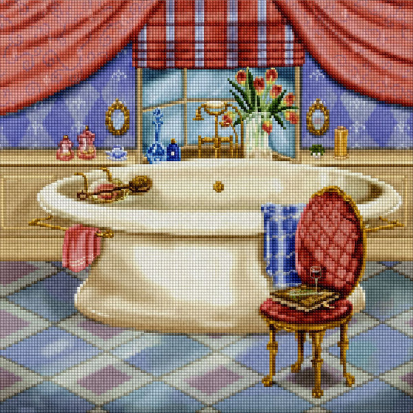 Diamond Painting Motiv eines dekorativen Holzschildes mit der Aufschrift „Zum Bad“ und floralen Ornamenten. Mockup.