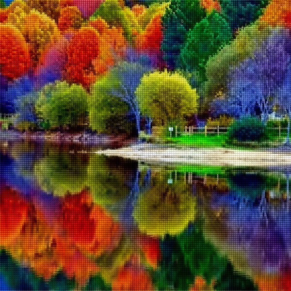 Diamond Painting einer friedlichen Holzhütte am Seeufer umgeben von bunten herbstlichen Bäumen. Mockup