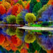 Diamond Painting einer friedlichen Holzhütte am Seeufer umgeben von bunten herbstlichen Bäumen. Mockup