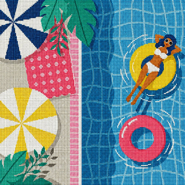 Diamond Painting mit Frau auf Schwimmreifen im Pool, Sonnenschirmen und Palmenblättern. Mockup.