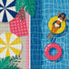 Diamond Painting mit Frau auf Schwimmreifen im Pool, Sonnenschirmen und Palmenblättern. Mockup.