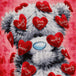 Diamond Painting mit flauschigem Teddybär und roten Herzen auf rosafarbenem Hintergrund. Mockup.