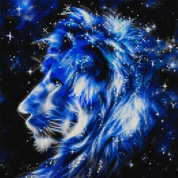 Diamond Painting mit blau leuchtendem Löwen aus Sternen vor schwarzem Weltraumhintergrund. Mockup.