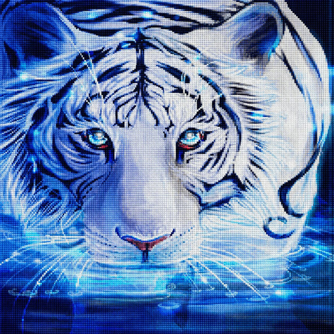 Diamond Painting mit weißem Tiger und leuchtender Wasseroberfläche in blauen Lichtfarben. Mockup.