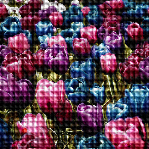 Diamond Painting mit dichtem Tulpenmeer in Pink-, Violett- und Blautönen im malerischen Stil. Mockup.