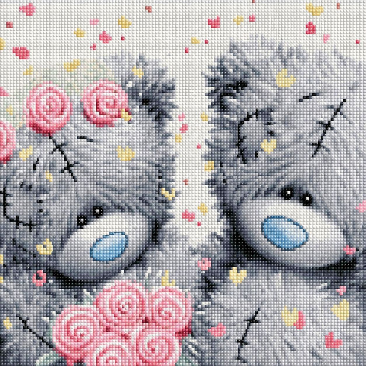 Diamond Painting mit zwei flauschigen Teddybären und rosafarbenen Rosen auf hellem Hintergrund. Mockup.