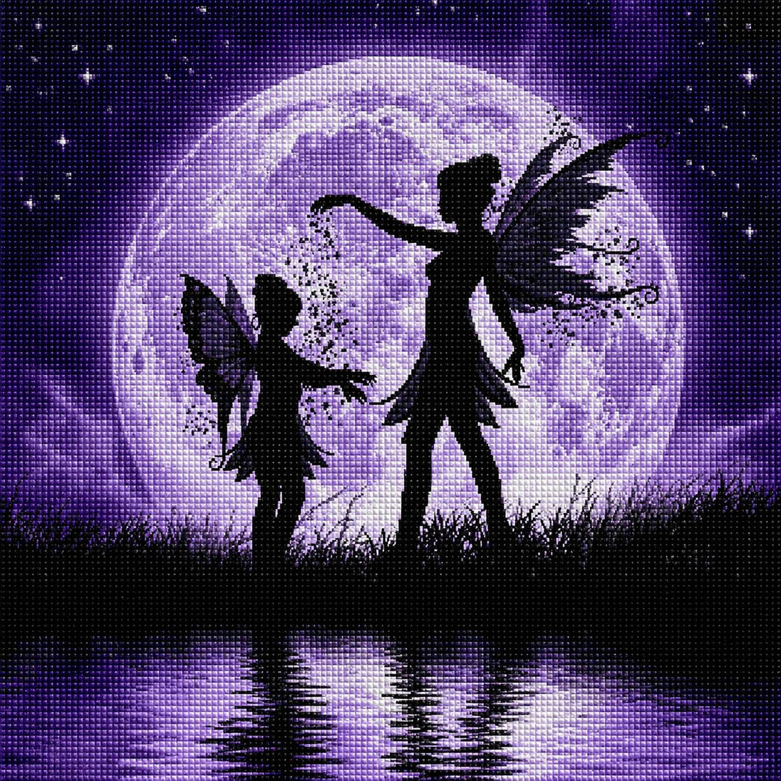 Diamond Painting mit Elfenmutter und Elfentochter vor leuchtendem Vollmond und funkelndem Elfenstaub. Mockup.