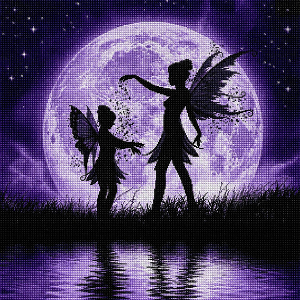Diamond Painting mit Elfenmutter und Elfentochter vor leuchtendem Vollmond und funkelndem Elfenstaub. Mockup.