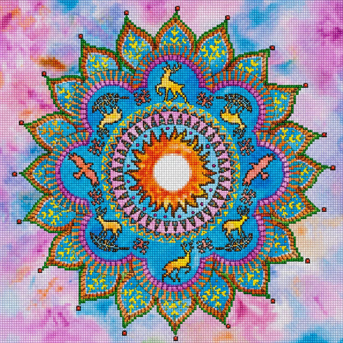 Diamond Painting ein detailliertes kreisförmiges Mandala-Ornament in Gold und Pastelltönen. Mockup.